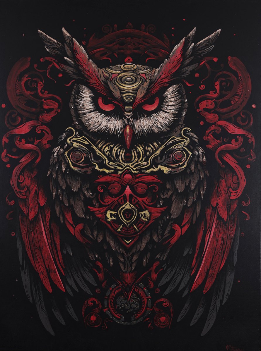 Blood Sigil, owl painting in red, gold, and black by Caleb Peterson