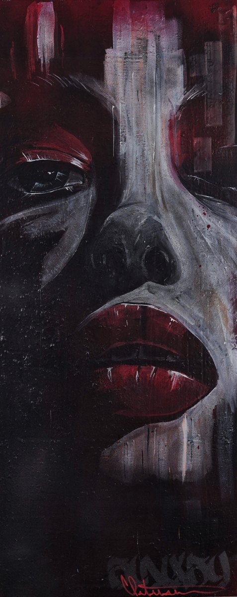 Red Eclipse, close portrait of a face in red, black, and grey by Caleb Peterson