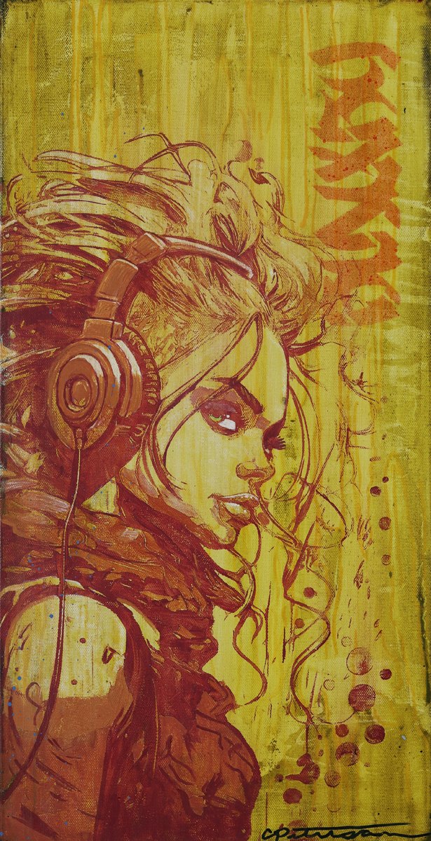 Static Reverie, painting of a woman in headphones in yellow and red by Caleb Peterson
